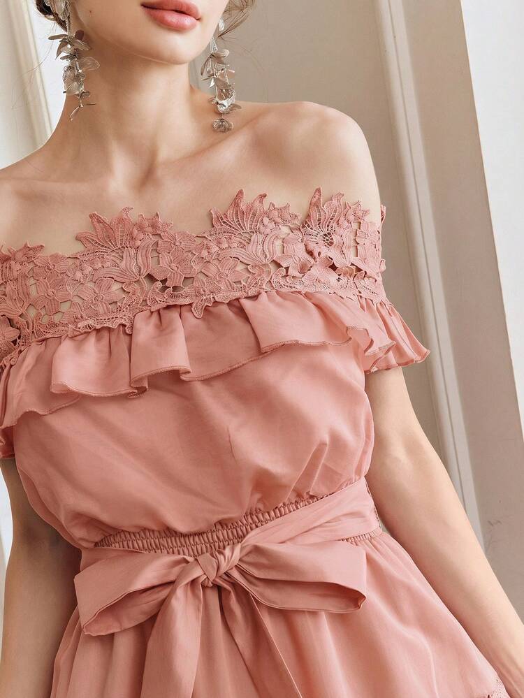 Women's New Ruffle Off Shoulder Lace Trim Cinched Waist Elegant Dress