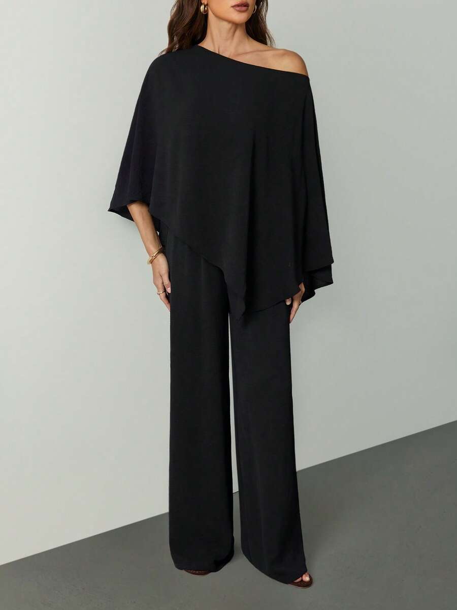 SHEIN Tall 新款秋冬女装休闲通勤棕色宽松单肩不规则上衣+高腰阔腿裤两件套，适合返校、乡村音乐会、返校节、万圣节、圣诞节、早午餐、外出、教堂礼拜、旅行、购物等场合。 - 黑色 - 查看 1