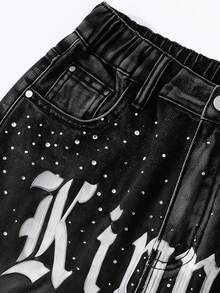 ROMWE MEN Street Life Quần short denim 5 inch in họa tiết cổ điển, đính đá lấp lánh, dành cho thiếu niên nam - màu đen - Xem 2
