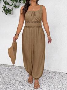 SHEIN Frenchy Plus Size Women Casual Vacation Spaghetti Strap Jumpsuits Fall - Brown - View 4