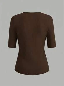 EMERY ROSE Women's Solid Color Round Neck Short Sleeve Fitted Ribbed Casual T-Shirt - Brown - View 2