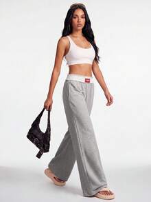 Hanevo Women's Casual Contrast Color Waistband Pants - Grey - View 3