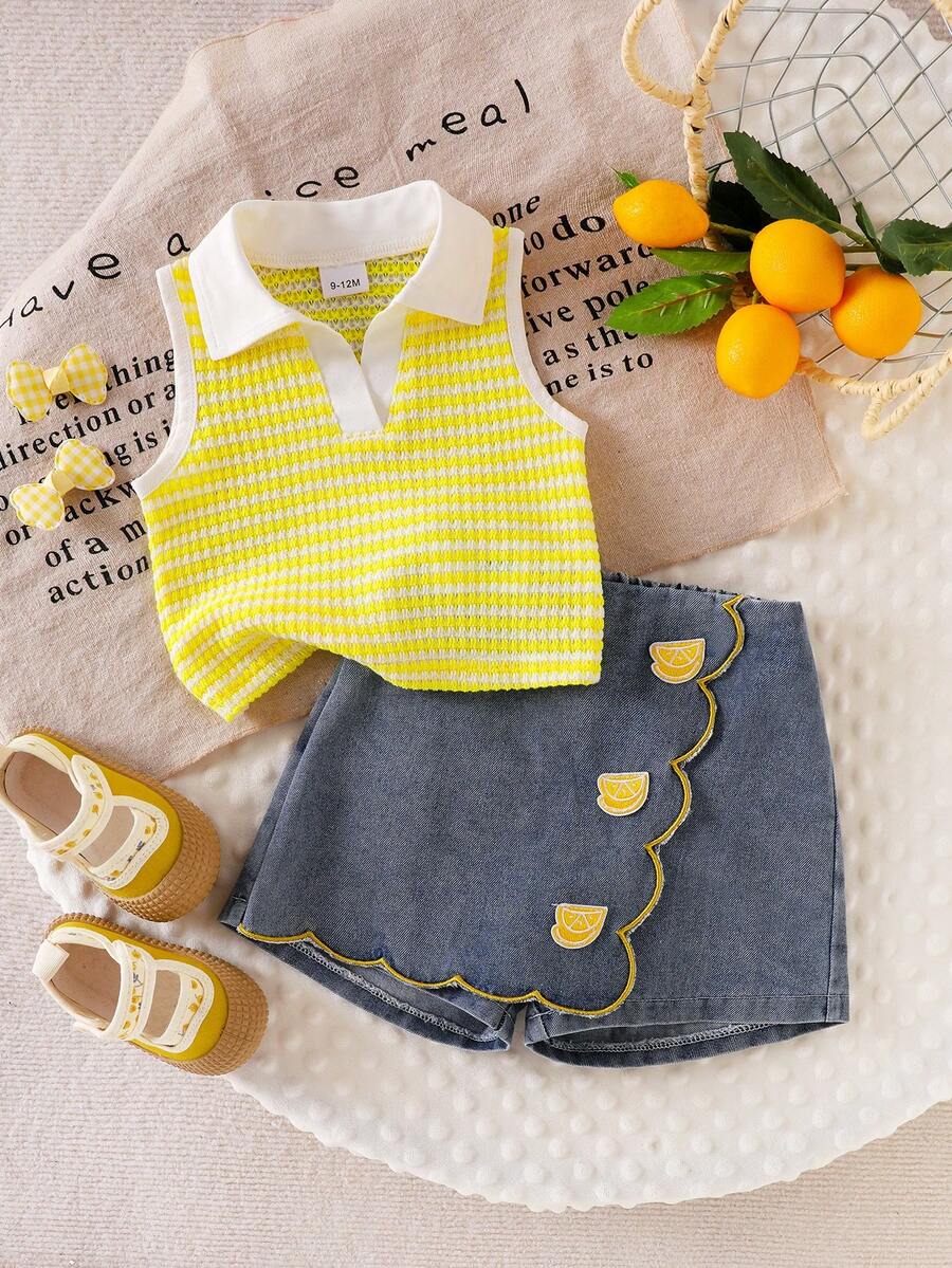 SHEIN Baby Girls Summer Fashion 2-Piece Set, Light Yellow Striped Knit Fabric V-Neck Sleeveless Top + Asymmetric Hem Denim Shorts With 3D Floral Decor, Suitable For Daily Wear, Travel And Vacation - Yellow - View 1