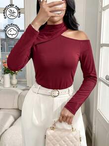 Modelyn Camiseta casual y elegante de mujer con cuello alto, manga larga, hombros oblicuos y cintura ceñida, en color rojo vino, para primavera/verano - Burdeos - Ver 1