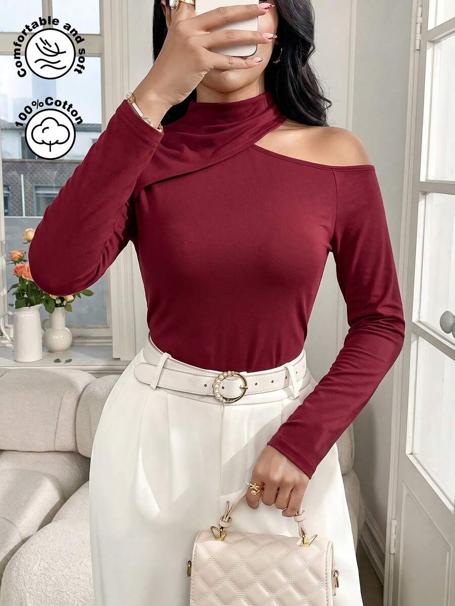 Modelyn Camiseta casual y elegante de mujer con cuello alto, manga larga, hombros oblicuos y cintura ceñida, en color rojo vino, para primavera/verano - Burdeos - Ver 1