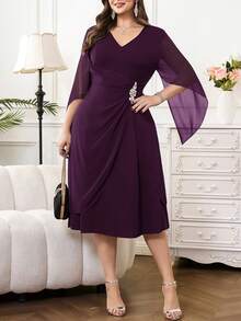 Reflora Vestido de mujer talla grande de unicolor y cuello en V elegante - Morado - Ver 8