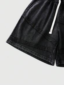 ROMWE MEN Street Life Quần short nam dáng casual, có dây rút ở eo và túi, đa năng. - màu đen - Xem 5