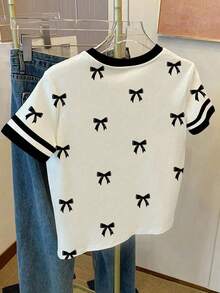 Camiseta casual de manga corta con cuello redondo y estampado de lazo para adolescentes, adecuada para el verano, uso diario, vuelta al colegio, a juego con hermanas, vacaciones, Día de San Valentín - Multicolor - Ver 2