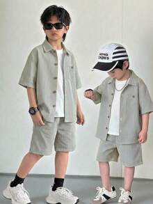 2pcs Young Boys' Casual Striped Knit Soft Round Neck Short Sleeve Cardigan Top And Contrast Color Cuffed Shorts Co-Ord Set,Summer,Family Matching - Green - View 7