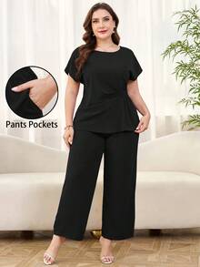 Reflora Plus Size Women's 2 Piece Set, Elegant Solid Color Short Sleeve Top And Long Pants, Suitable For Spring, Summer, Daily Wear, Commuting - Black - View 6