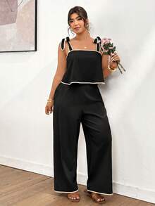 Lounesse 2pcs Contrast Color Fashionable Commuter Plus Size Women Camisole And Pants Set - Black - View 6