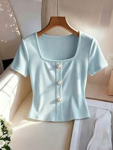 SHEIN Franclia Áo thun nữ tối giản màu mơ, cổ vuông, tay ngắn, ôm dáng, co giãn, thích hợp mặc hàng ngày, trang trí cúc, thiết kế cực kỳ đơn giản, mùa hè, đa năng. - Màu xanh lam - Xem 3