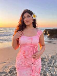 SHEIN MOD Plus Size Women Summer Tropical Ocean Blouse,Pastel Pink Contrast Color Strap Square Neck Beach Holiday Top,Elegant Ribbon Retro Style Tops - Pink - View 9