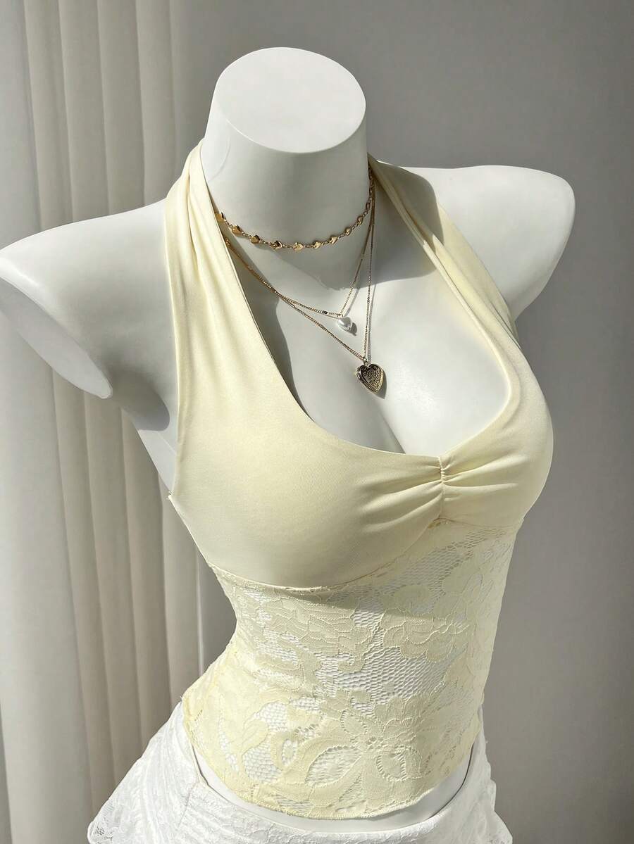 Flirla Women's Elegant Lace Patchwork Black Halter Neck Tie Strap Casual Tank Top, Versatile For Daily Wear, Autumn/Winter - Light Yellow - View 1