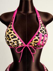 Zestiva Conjunto de bikini de 3 piezas con estampado de leopardo y bloque de color, con parte delantera con lazo y espalda descubierta, talla grande falda de cobertura, para vacaciones de verano en la playa - Rosa - Ver 6
