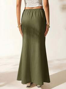 Women's Summer Solid Color Drawstring Waist Fishtail Skirt, Army Green - Army Green - View 2