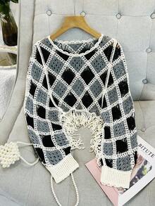 Franclia Women's Asymmetrical Color Block Fringe Knit Pullover Sweater, Suitable For Vacation - Black - View 3