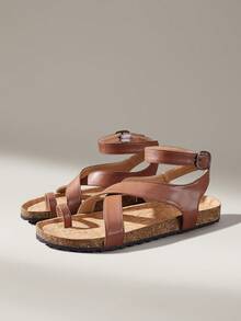 Solecia Women Shoes Spring And Summer New Models, Open-Toed Round Toe Design, Cross Multi-Buckle Decoration, Slip-On Exposed Heel, Comfortable And Simple Vacation, Women's Flat Shoes, A Must For Commuting, Casual And Versatile - Brown - View 2
