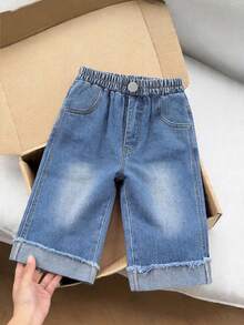 Baby Girls' Summer Washed Comfortable Loose Wide Leg Elastic Waist Straight Fit Mid-Blue Denim Jeans - Blue - View 3