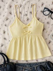 女童蝴蝶结镂空吊带背心，时尚夏季休闲装 - 黃色 - 查看 1