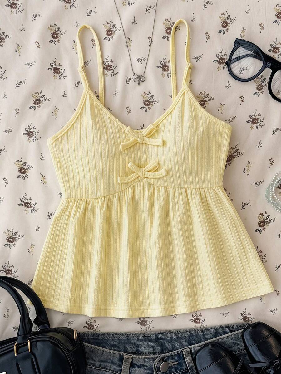 女童蝴蝶结镂空吊带背心，时尚夏季休闲装 - 黃色 - 查看 1
