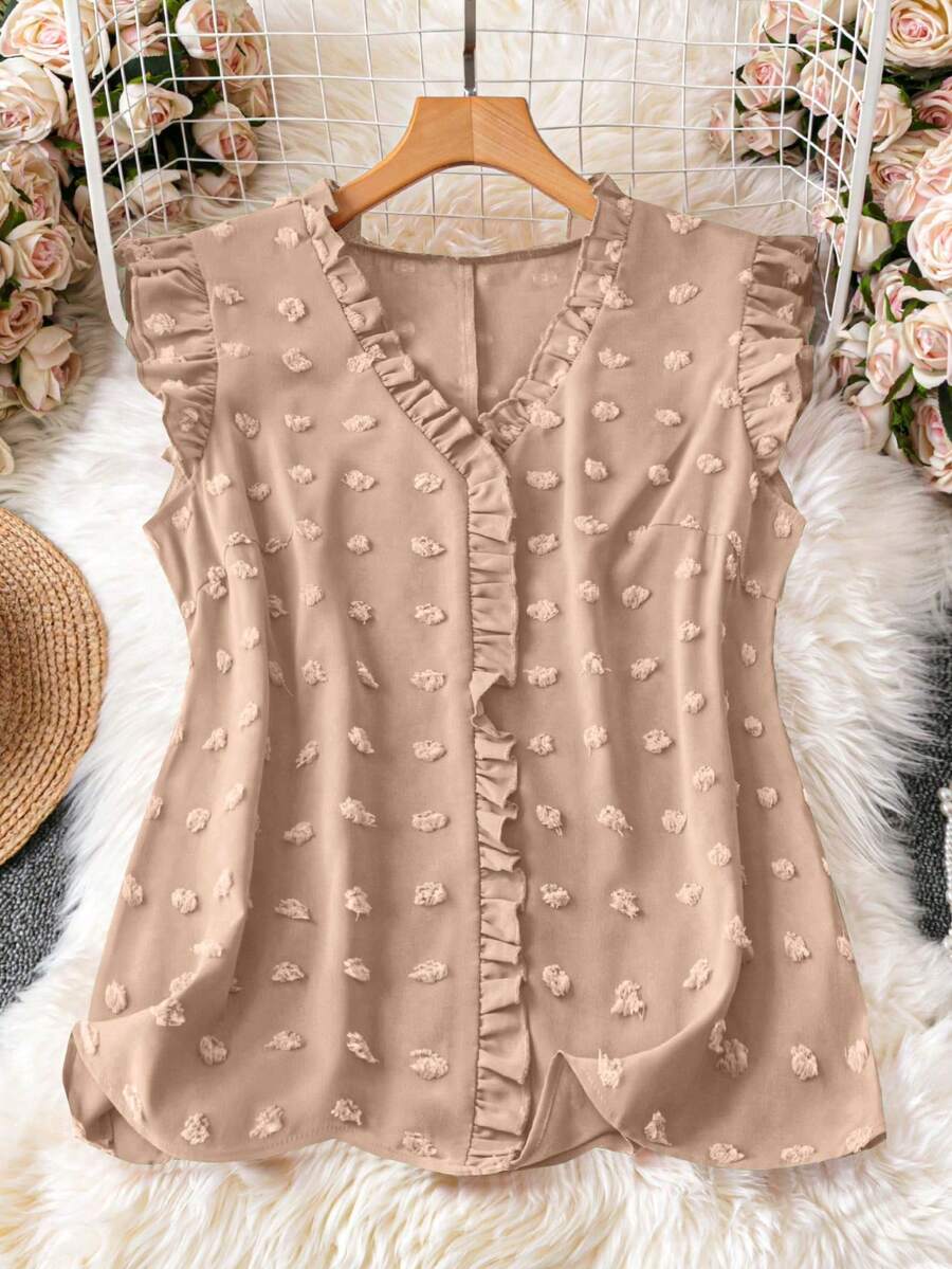 SHEIN DreamScene Plus Size Solid Color Textured Sleeveless Casual Shirt - Khaki - View 1