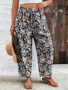 SHEIN VCAY Quần dài nữ cỡ lớn in họa tiết toàn thân, kiểu dáng thường ngày, đa năng. - Nhiều màu - Xem 4