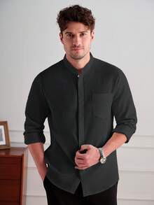 Core Aspect Men's Casual Solid Color Long Sleeve Patch Pocket Shirt, Formal - Black - View 6