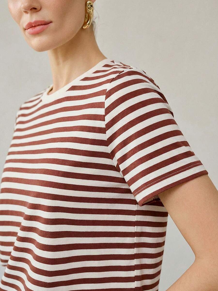 PREMIUM WOMEN'S ALL-MATCH ROUND NECK SHORT SLEEVE T-SHIRT, CASUAL VERSATILE STRIPED TOP FOR SUMMER - Coffee Brown - View 1
