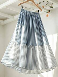 SHEIN Franclia 女士夏季高腰弹力腰撞色条纹A字裙，蓝白条纹，休闲宽松优雅通勤风 - 彩色 - 查看 3