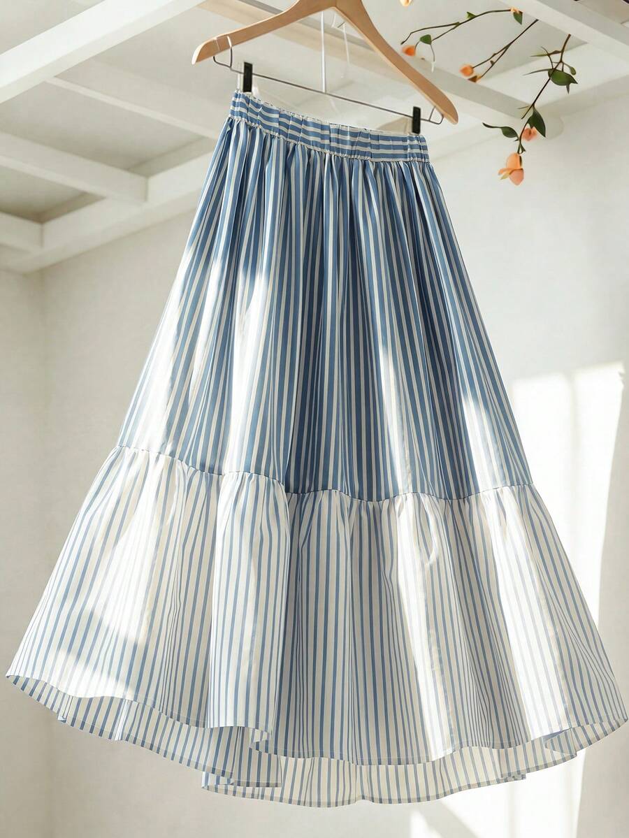 SHEIN Franclia 女士夏季高腰弹力腰撞色条纹A字裙，蓝白条纹，休闲宽松优雅通勤风 - 彩色 - 查看 1