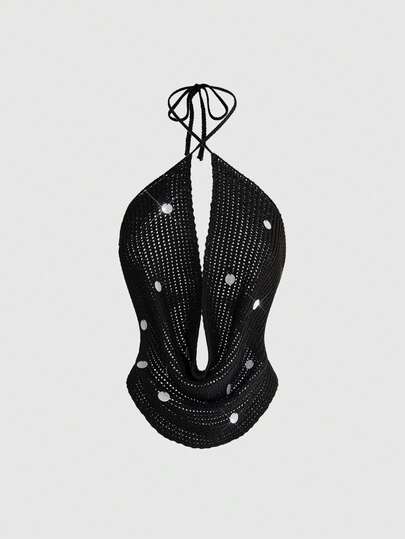ROMWE Avant Suéter de punto con cuello drapeado y lentejuelas sexy y suave para mujer