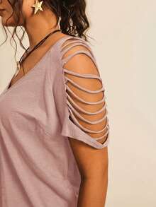 Freevana Plus Size Women V-Neck Raglan Sleeve Ripped Casual T-Shirt - Dusty Pink - View 5