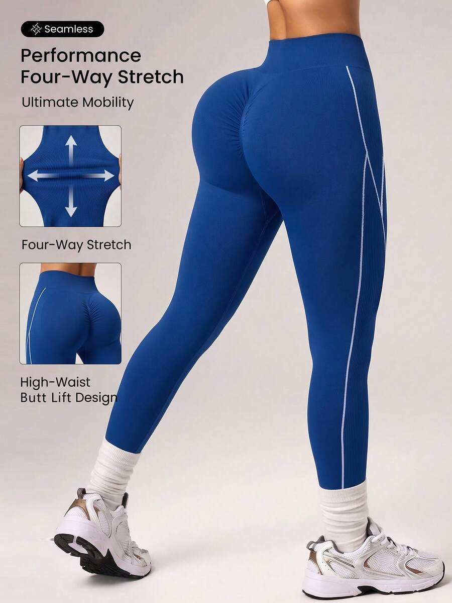 Easithlete 女士高腰弹力缝线细节运动紧身裤 - 藍色 - 查看 1