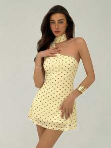 Aloruh Women's Polka Dot Pattern Sleeveless Mini Dress,Summer Dresses For Women - Light Yellow - View 4