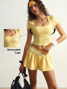 VARSIVA Workout Women Tops Casual Solid Color Cropped Sports T-Shirt, Summer Bustier Crop Sports Tee - Light Yellow - View 6