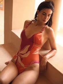 MOTF PREMIUM TROPICAL PALM LEAF PRINT HANDMADE CROCHET BACKLESS ONE-PIECE SWIMSUIT, MULTICOLOR BOHEMIAN VACATION BATHING SUITS FOR WOMEN ONE PIECE SWIMSUIT WOMEN - Multicolor - View 6