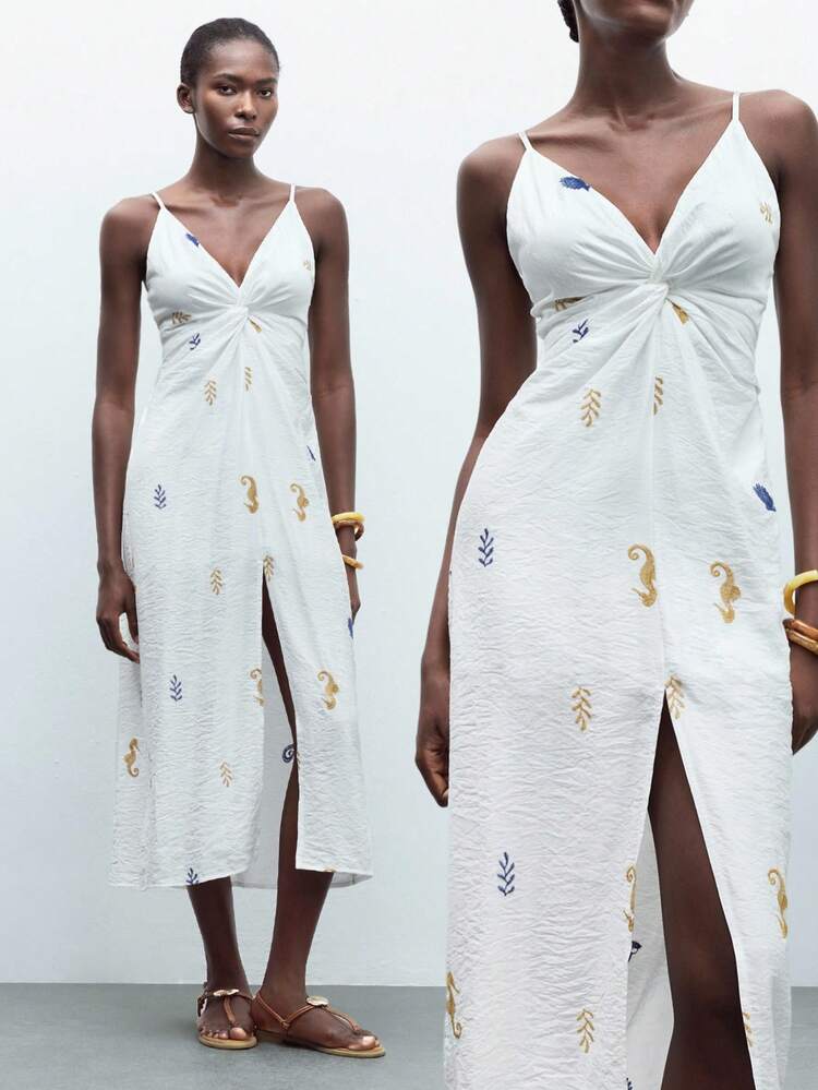 SHEIN Maija Women's White Summer Casual Holiday Vacation,Ocean Embroidery V-Neck Open Back Thin Straps Front Twist Slit Design Beach Bohemian Dress