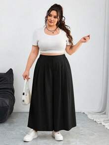 SHEIN CURVE+ 大码女装春夏时尚休闲宽松舒适日常百搭修身弹力腰褶裥杏色裤/裙，大码女装下装，夏季套装，工作裤，简约风格，大码杏色阔腿裤 - 黑色 - 查看 4