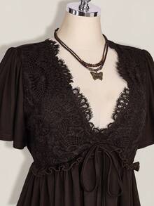 SHEIN ICON Plus Size Women's Lace Patchwork Ruffle Sleeve Front Tie Dress - Brown - View 5