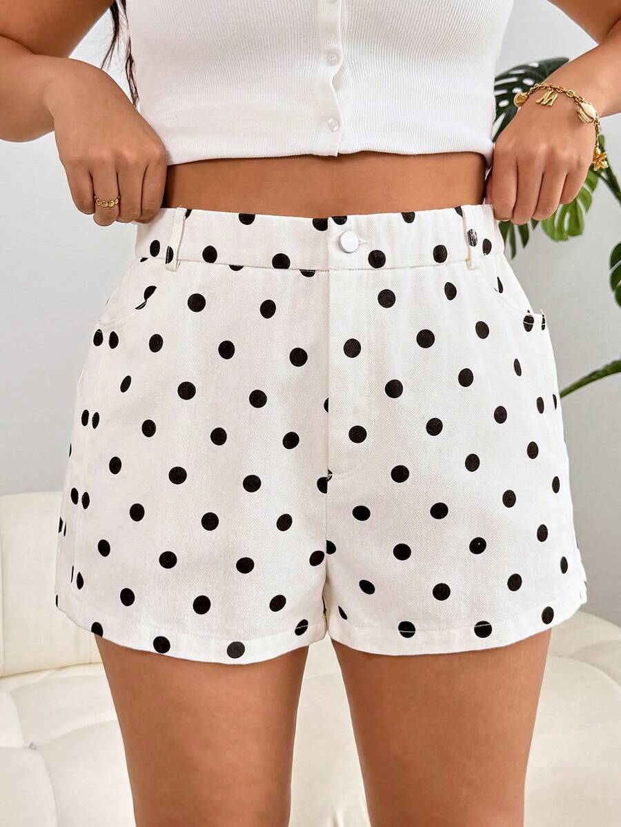 Solflare Quần short casual đa năng mùa Xuân/Hè mới, phù hợp cho mặc hàng ngày, dự tiệc, đi làm, đám cưới, lễ hội âm nhạc, tựu trường, lễ tốt nghiệp, kỳ nghỉ biển, thời trang đường phố, mặc nhà, mua sắm, dạo phố, dáng rộng, nền trắng chấm bi đen, cỡ lớn. - Nhiều màu - Xem 1