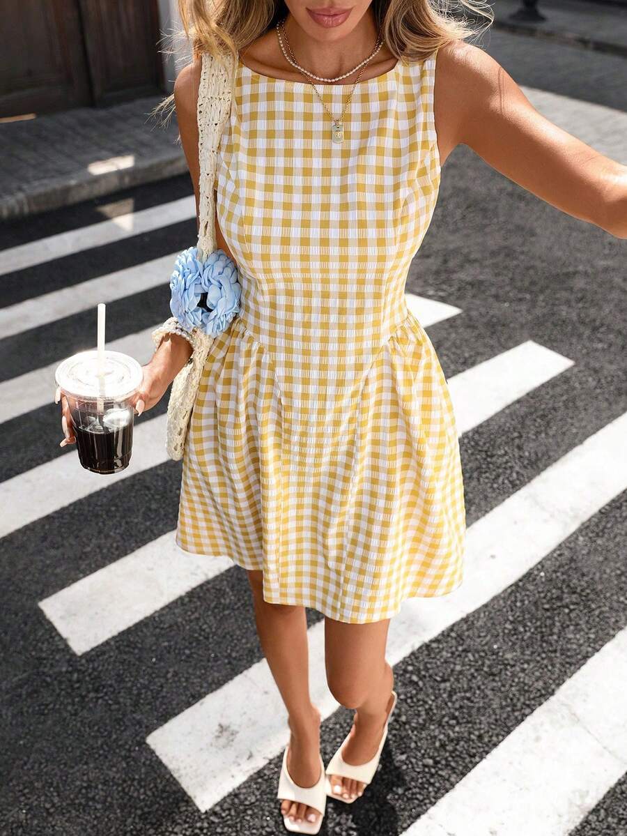 SHEIN PETITE Yellow & White Plaid Sleeveless Cinched Waist A-Line Dress - Yellow - View 1