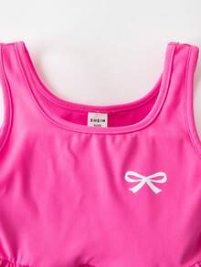 SHEIN Young Girl Solid Color Knit Bow Decor Sleeveless Jumpsuit - Pink - View 9