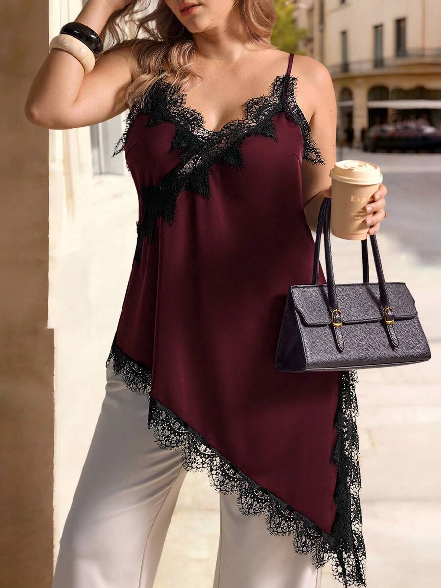 Elegantrix Plus Size Women Urban Casual Lace Asymmetric Hem V-Neck Patchwork Solid Color Camisole Gym Brown Summer - Rose Red - View 1