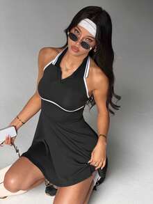 Dewbera 夏季露背吊带运动连衣裙 - 黑色 - 查看 3