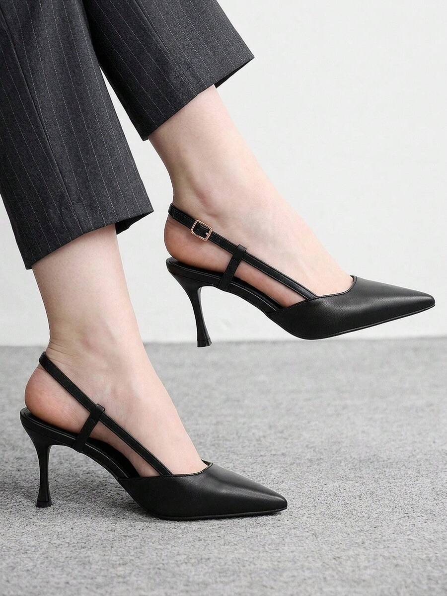 CUCCOO BIZCHIC 女款尖頭細高跟時尚黑色基礎日常百搭slingback後跟帶高跟鞋 - 靜夜黑色 - 查看 1