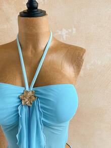 Soleia Bộ bikini nữ màu trơn, kiểu áo yếm vạt lệch và quần tam giác thắt nút. - Màu xanh lam - Xem 7