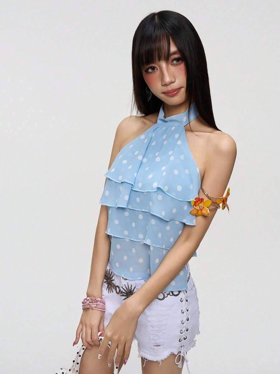 Rina Fox Áo không tay in họa tiết chấm bi dành cho nữ - Màu xanh nhạt - Xem 1