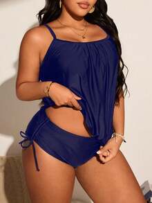 Swim Lushoire Plus Size Women 2pcs Black Camisole Tummy Control Tankini Swimwear Set - Navy Blue - View 4