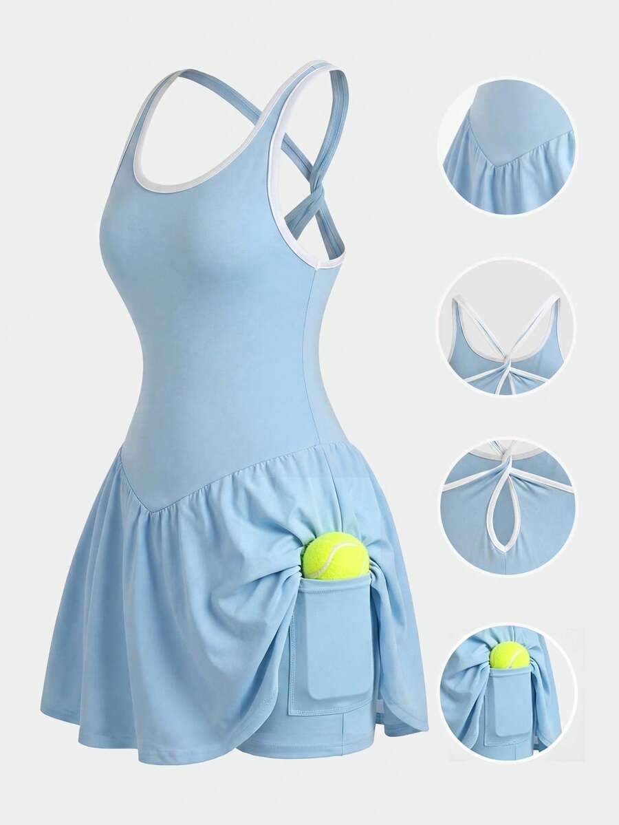 SHEIN Girlism Đầm thể thao thường ngày cho bé gái tuổi teen, kiểu dáng yoga, tennis, màu trơn, dây chéo lưng, có lớp lót quần short bên trong, thiết kế túi chống cọ xát. - Màu xanh nhạt - Xem 1